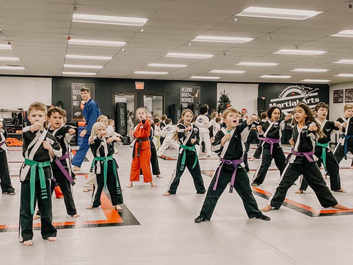 Taekwondo students practicing punch technique during warm up